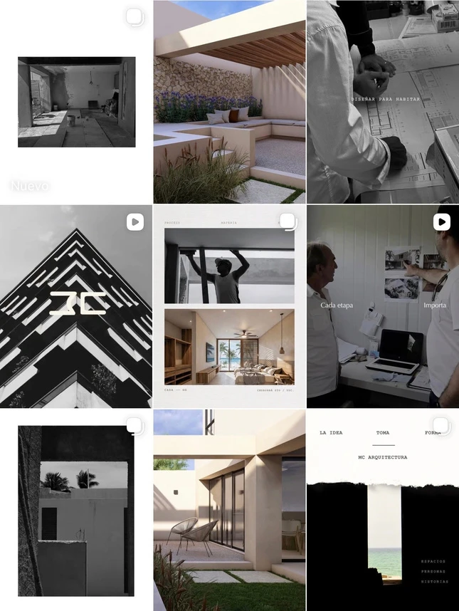 Después: retícula editorial de arquitectura en blanco, negro y tonos neutros